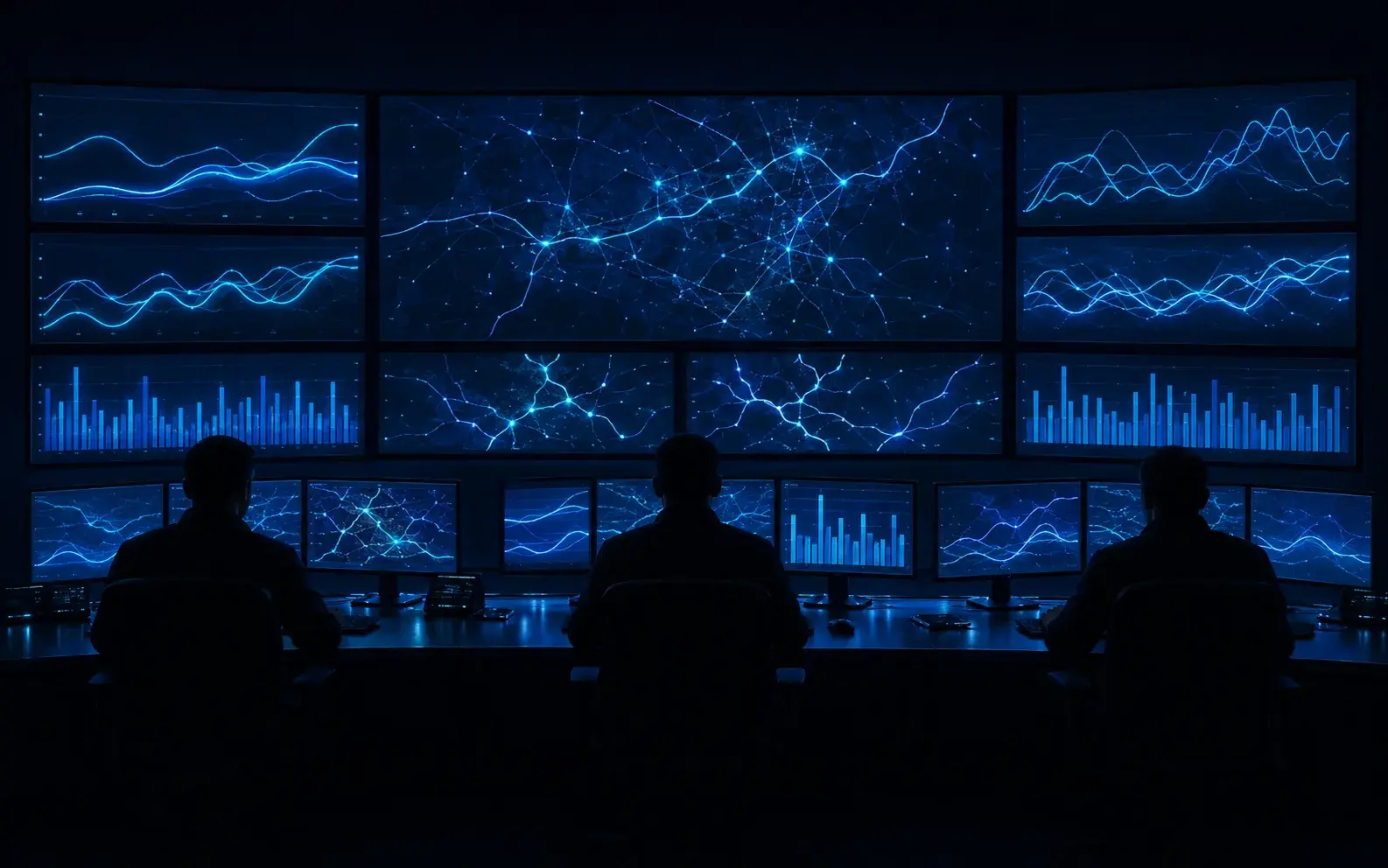 AI dispatch control centre: operators reviewing route and status data across large wall displays.