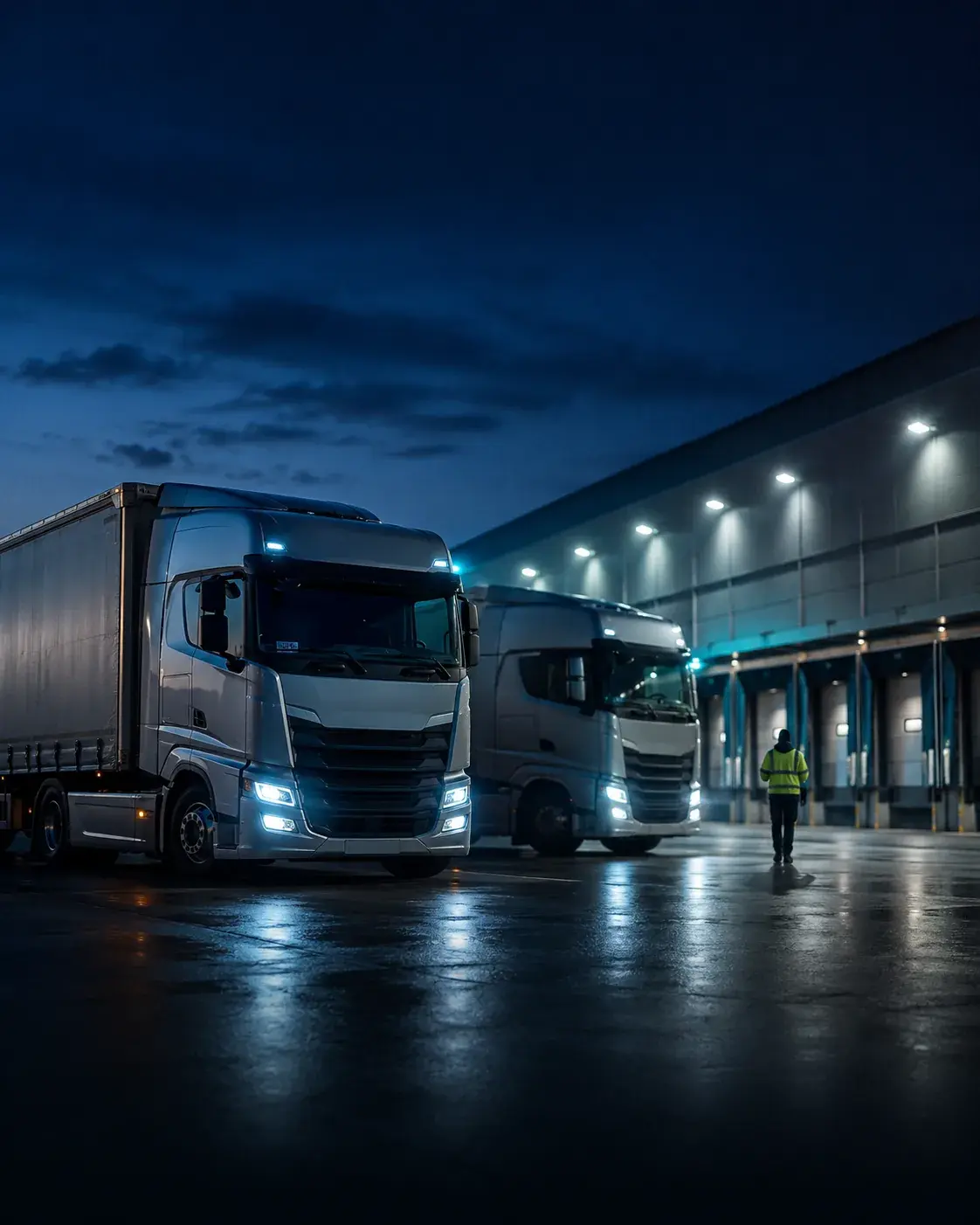 Coordinated transportation operations: modern tractor-trailers staged at a logistics facility at dusk.